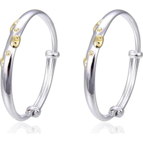 SA SILVERAGE Yellow Pig S999 Pure Silver Korean Cartoon Baby Bracelet Childrens Bangles for Women Jewelry Silver 999 25.8g