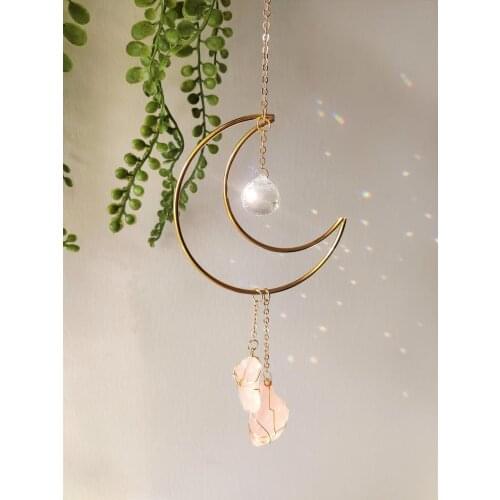 Suncatcher Moon With Rose Quartz Crystal Prism Wall Hanging Home Decor Home Gift
