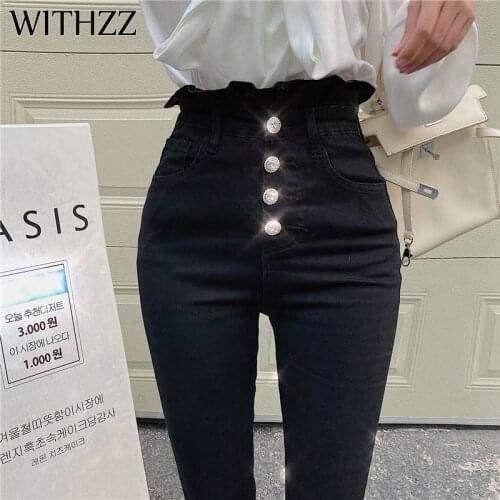 WITHZZ Womens Tight Fashion Diamond Buckle Denim Pencil Pants High Waist Female Asian Size Jeans