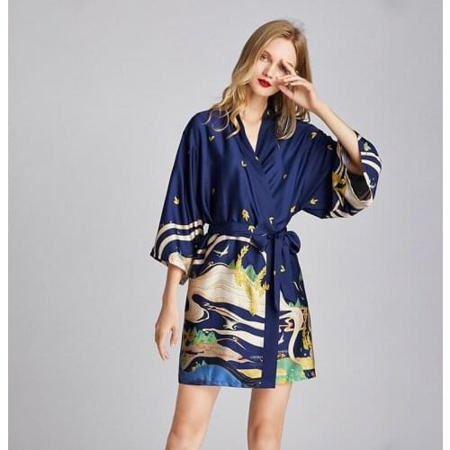Women Pajamas Print Night Robe V Neck Three Quarter Sleeve Soft Comfortable Satin Nightwear Gown Sleepwear