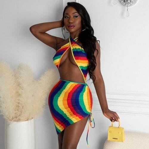 Rainbow Striped Halter Backless Bandage Dress for Women Off Shoulder Waist Band Cut Out Vestido Summer Ruched Drawstring Dress