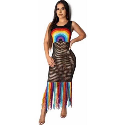 S-XL Womens Sexy Mesh Hollow Out Rainbow Print Patchwork Tassel Tank Sleeveless Beach Long Maxi Dress Bikini Cover up