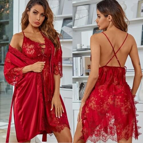 Women Sexy Nightwear Lingerie Set Lace Bowknot Deep V-neck Lingerie Sexy Hot Dress+G-string Women Underwear Sexy Lingerie Robe