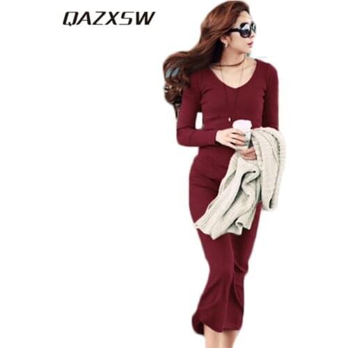 QAZXSW Spring Autumn Women Knitted Dress 2019 New Casual Long Woolen Dress Solid Plus Size Women Dresses Vestido Feminino HB512