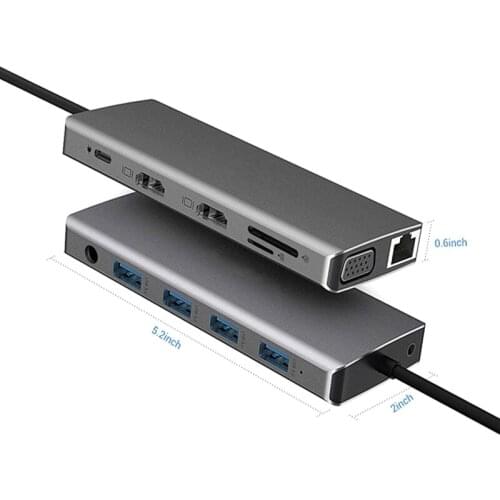 12 in 1 USB Type C HUB Dual 4K USB3.0 USB2.0 PD VGA RJ45 3.5mm TF/SD Card