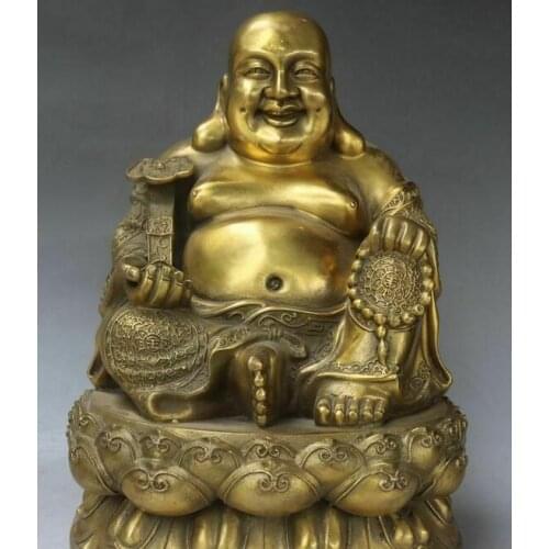 9" Old China Bronze Seat Happy Laugh Maitreya Buddha Hold Ruyi Bead Robe Statue