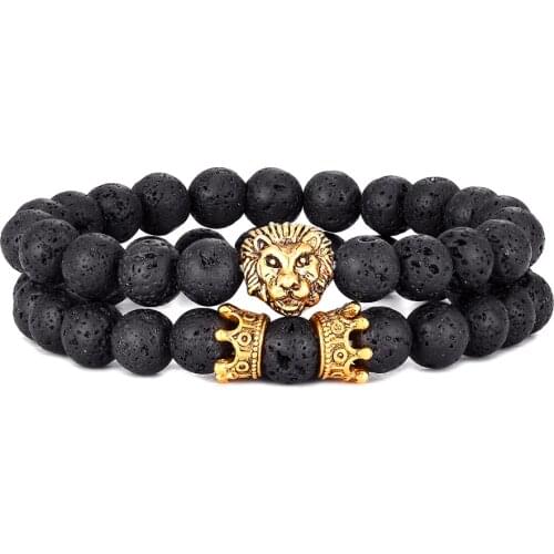 2 Pcs / Set Vintage Lion Head and Crown Charm Bracelet 8mm Natural Lava Stone Beads Bracelet Men 2020 Fashion Jewelry