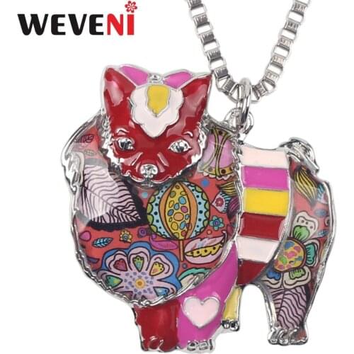 WEVENI Statement Enamel Pomeranian Dog Necklace Pendant Collar Choker Chain Cute Animal Jewelry For Women Girls Pet Lovers Gift
