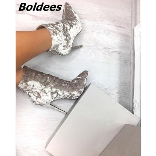 Design Ankle Silve Boots Fashion Women Pointy Stiletto Heel Short Boots Velvet Boots