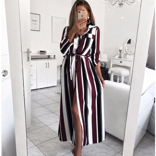 Autumn Striped Shirt Long Dress Turn-Down Collar Long Sleeve Button Plus Size 3XL Elegant Women Dress Lace Up Vestido Slim Robe