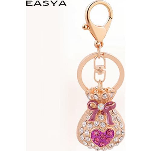 EASYA Fashion Jewelry Rhinestone Lucky-Bag Key Chain Heart Bow Pendant Women Car Key Ring Holder Patented Products CHY-1581