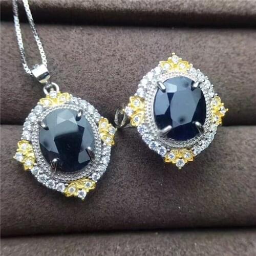 Fine jewelry 925 Sterling Silver Inlay Natural Sapphire Women Necklace Set with big size