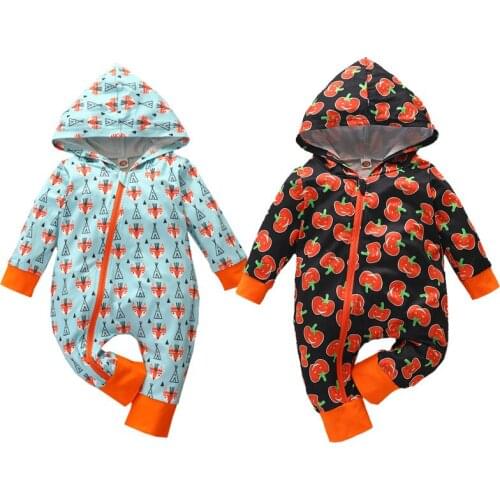 Newborn Baby Long Sleeve Jumpsuit Fall Fashion Pumpkin Turkey Pattern Hooded Rompers Baby Boy Girl Long Sleeve One Piece Outfits