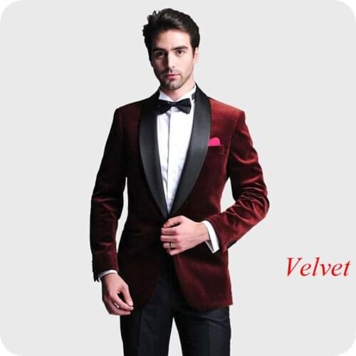 Smoking Jacket Burgundy Velvet Men Suits Black Shawl Lapel Wedding Suit Slim Fit Groom Tuxedos Tailored Man Suit 2Piece Ceremony