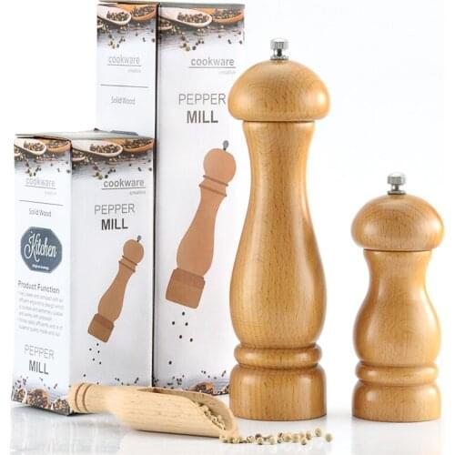 2 size Salt and Pepper and Pepper Mills Shakers Grinder Beech Wood Mill Manual Hand Movement Kitchen Tools Cooking5''/8'set 1