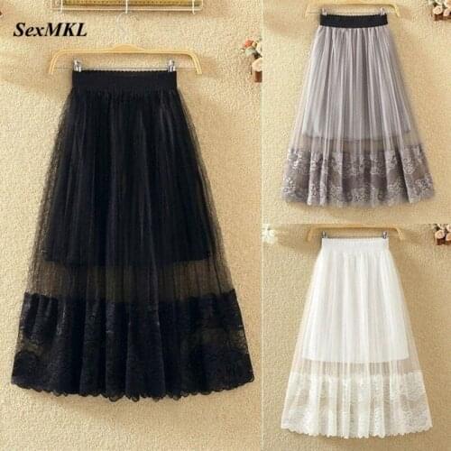 Fashion Summer White Black Skirts Women 2021 Korean Casual Lace Long Pleated Skirt Elastic High Waist Tulle Harajuku Maxi Skirt