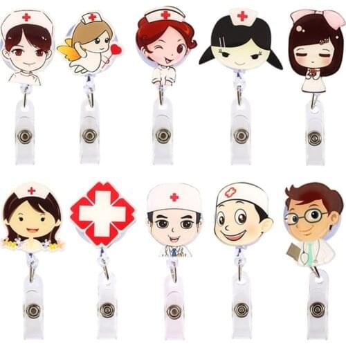 Cartoon Nurse Doctor Retractable Reel ID Badge Labels Name Card Tag Clip Holder Key, Whistle, lanyard Badge Cartoon Nurse Badge