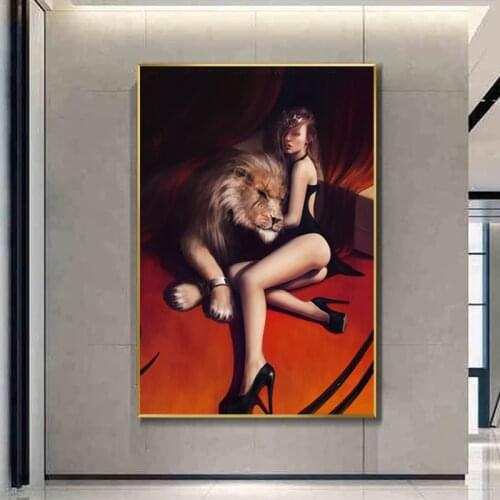 Sexy Beauty and Lion Canvas Painting on the Wall Art Posters Prints Wall Pictures For Living Room Home Wall Cuadros Decor