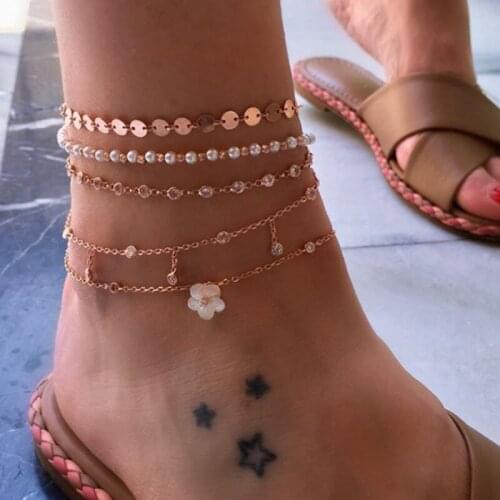 NUNCAD Minimalist Alloy Pearl Wafer Flower 5 Set Anklet Women Jewelry Wholesale Good Quality