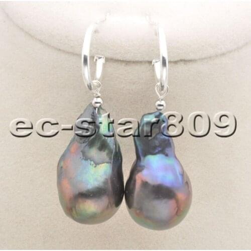 P6521 29mm BAROQUE Drop Black KESHI Reborn Pearl Dangle Earring Sterling Siver