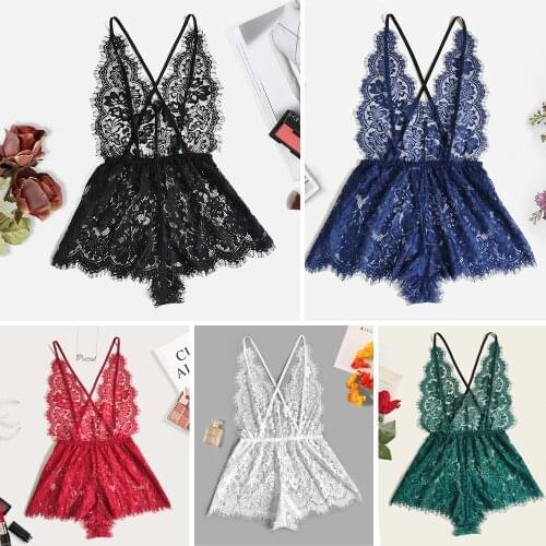 Sexy Bodysuit Floral Lace Cross Sheer Bodysuits Deep V Backless Jumpsuit Body Lingerie Dress Women Transparent Erotic Costumes