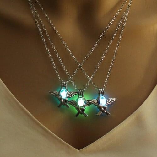 Glowing Jewelry with Silver Color Angel Shaped Locket Luminous Stone Glow in the Dark Pendant Necklace for Men Women