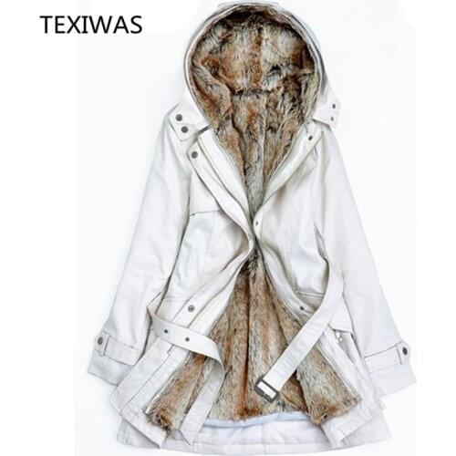 TEXIWAS Winter Parkas Women Faux Fur Lining Coats Thicken Warm Hooded Parkas Fashion Slim Liner Cotton Coat Parkas with belt