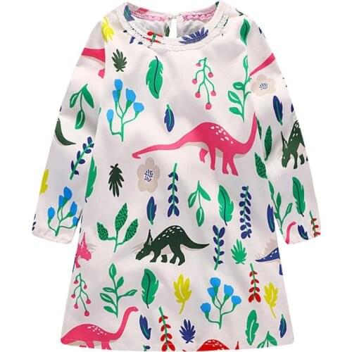 Spring Girls Long Sleeve Dresses Cute Dinosaur Leaves Print O-Neck Clothes