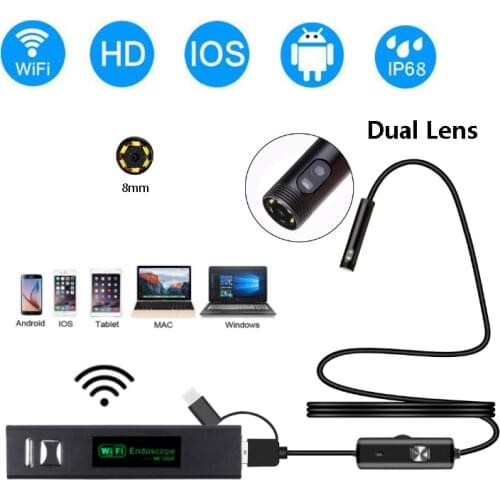 WIFI Endoscope Camera 8mm Dual Lens Mini Waterproof Hard Cable Inspection Camera USB Borescope IOS Endoscope for Iphone Android