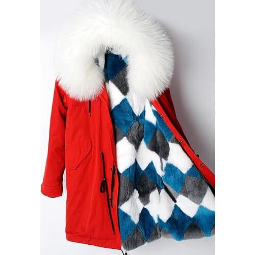 2020 Winter Parka Jacket Women Coat Natural Real Rex Rabbit Fur Liner Raccoon Fur Collar Detachable hooded Casual Outerwear