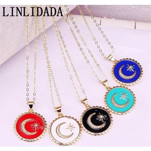 8Pcs High Quality Trendy Enamel Round with paved Cubic Zirconia Moon Gold Filled Statement Jewelry For Women Girl