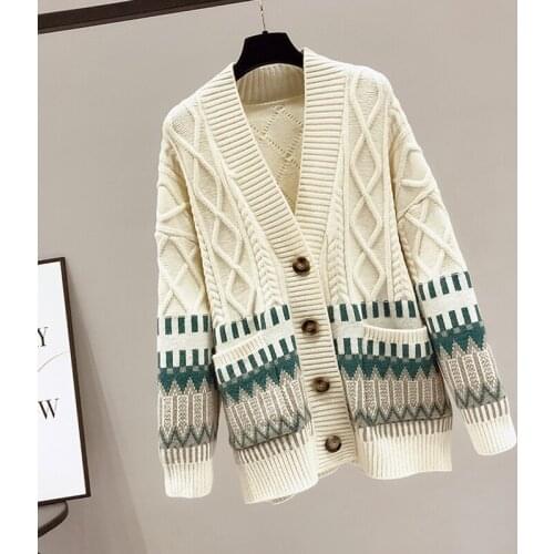 V-neck Stripe Retro Knit Cardigan Ladies Sweater 2021 Fall New Loose Sweater Jacket Womens Button Loose Tops O87