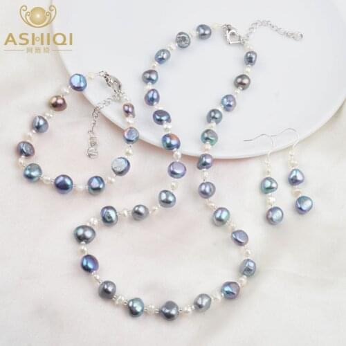 ASHIQI Natural Baroque pearl Jewelry Set Freshwater pearl Necklace Bracelet Earrings For Women New Arrival NE+BR+EA