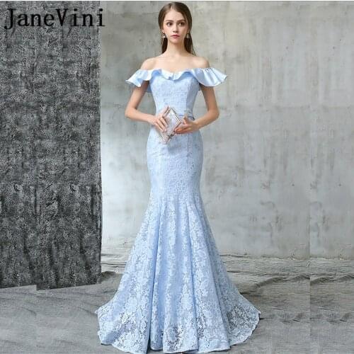 JaneVini Elegant Light Sky Blue Long Bridesmaid Dresses Off the Shoulder Sleeveless Lace Mermaid Dress Formal Party Gowns 2019