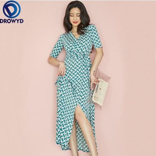 Women 2021 Elegant Summer Dress Fashion Green Plaid Sexy V-neck Side Split Dresses Party Beach Holiday Lady Maxi Dress Vestidos