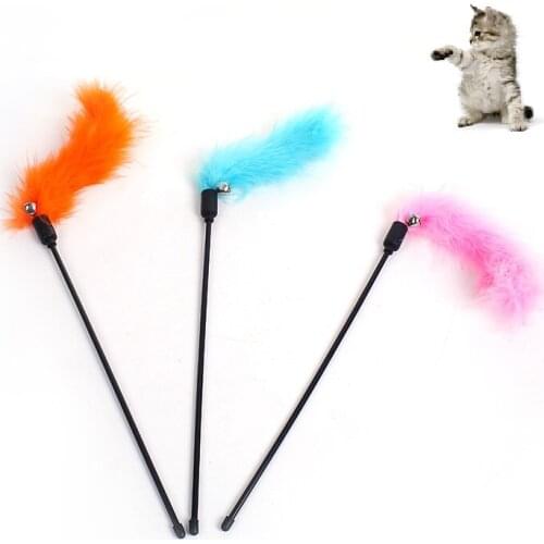 1PC Pet Cat Toy Products Plastic Funny Teaser Toys Cat Feather Bell Black Pole FunPlaying Color random Cat Accessories 40cm