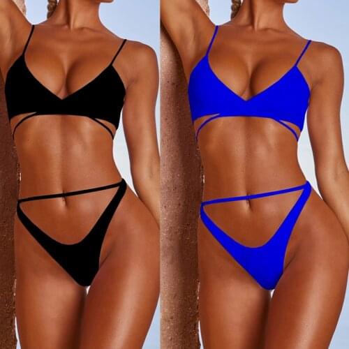 2021 Women Swimwear Solid Bikini Sexy Two-Piece Set Swimsuits Push Up Padded Cross Over Cups Adjustable Straps Low Waist Beach