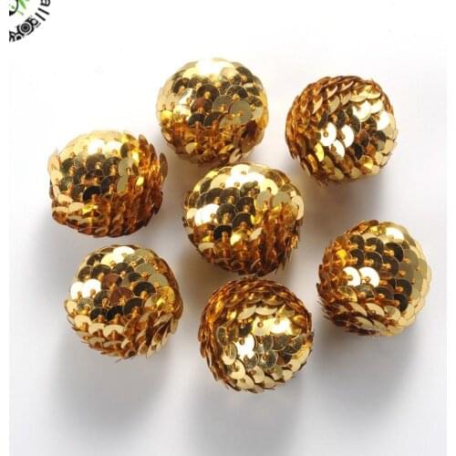 50pcs Handmade Woven Beads Acrylic Bead wrapped with Paillette Round CoconutBrown/Gold For DIY Jewelry Accessories 22x20mm
