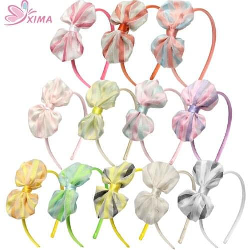 XIMA 12pcs/lot New Design Lace Hair Bows with Headband Girls Hairband Hair Accessories Spring Color Headwear