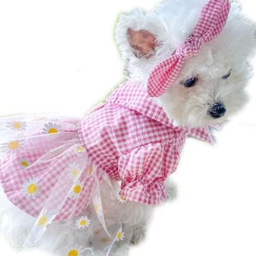 Dasiy Bubble Plaid Dog Clothes Girl Princess Dress Big Lapel Pink Tulle Cat Dresses For Small Medium Dog Poodle Pet Skirt Outfit