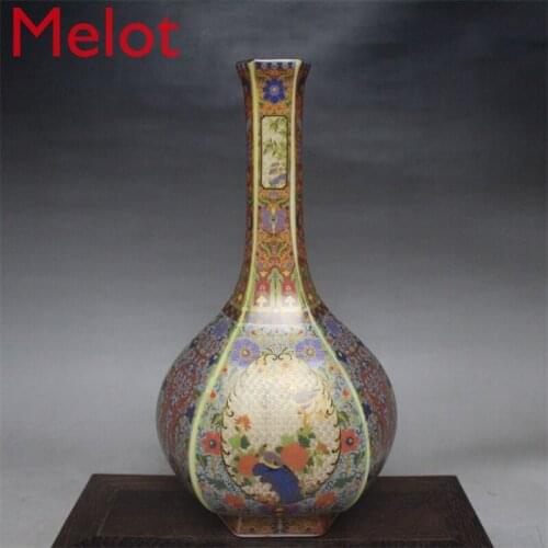 Enamel Hexagonal Flower and Bird Vase Antique Antique Vase Flower Arrangement Decoration Antique Porcelain Collection