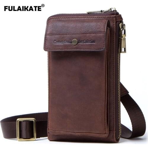 FULAIKATE 6.0" Vintage Crazy Horse Genuine Leather Mens Pouch for iPhone X Xs One-Shoulder Sling Bag Crossbody Universal Bag