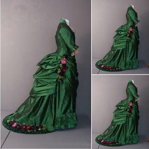 Historical!19 Century Green Vintage Costumes 1860S Victorian Civil War Ana Karenina Gown Dress Scarlett dresses US 4-36 C-140