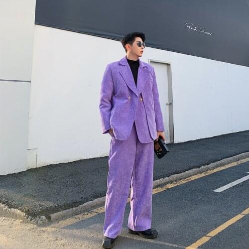 Men 2 Pieces Vintage Corduroy Casual Suits Sets Male Streetwear Fashion Show Suit Coat Elastic Waist Pant Stage Clothing