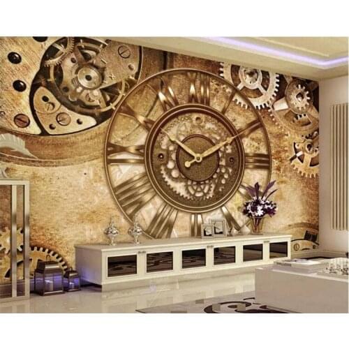 Fashion simple home decoration painting wallpaper retro gear clock background wall papel de parede wall paper