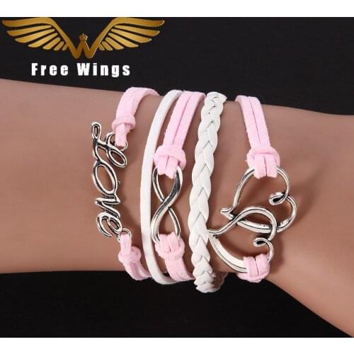 Pink Love Heart Fashion Vintage Infinity Artificial Leather Bracelet, Men Women Bracelets & Bangles Jewelry
