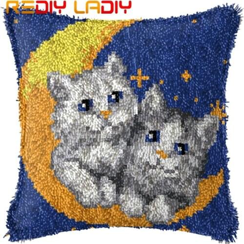 Latch Hook Kit Make Your Own Cushion Moon Kittens Printed Canvas Crochet Pillow Case Latch Hook Cushion Cover Hobby & Crafts