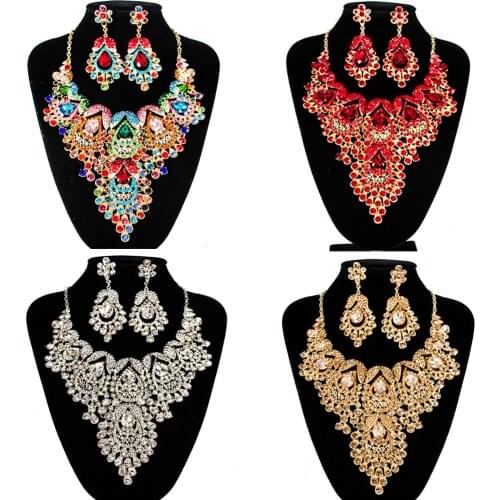 New Women Party Crystal Jewelry Sets Statement Fashion Gold Color Water Drop Style Rhinestone Bridal Wedding Necklace Earrings