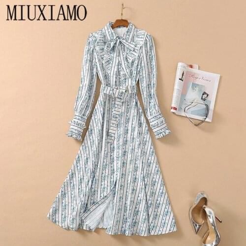 MIUXIMAO 2020 Fall Dress Newest Full Sleeve Cute Bow Print Blue Flower Elegant Silm Casual Dress Women Vestidos With Belt