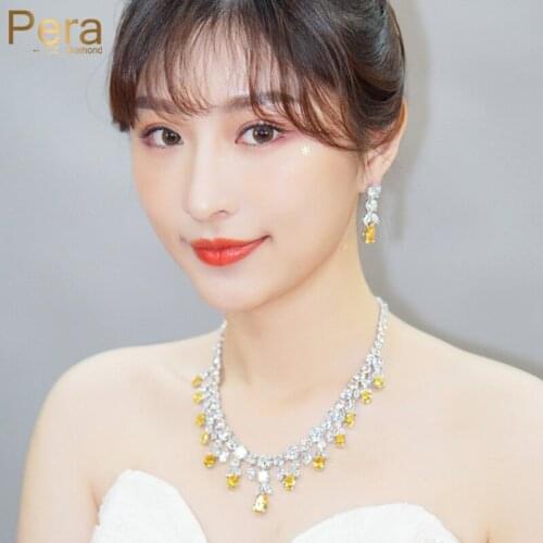 Pera Classic Bridal Yellow CZ Statement Long Big Dangle Drop Earrings and Pendant Necklaces Women Costume Jewelry Sets J256
